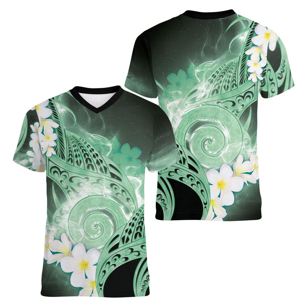 Piko Hawaiian Women V-Neck T-Shirt Green Galaxy Spiral Plumeria Tribal Patterns