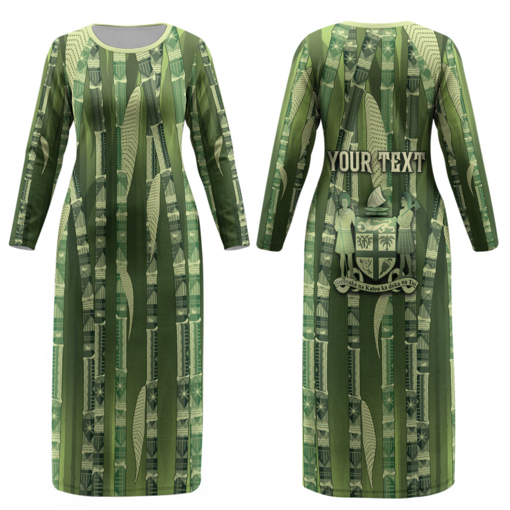 Personalised Fiji Language Week Sugarcane Masi Couples Matching Long Sleeve Bodycon Dress and Long Sleeve Button Shirt Green Tapa Tribal Pattern