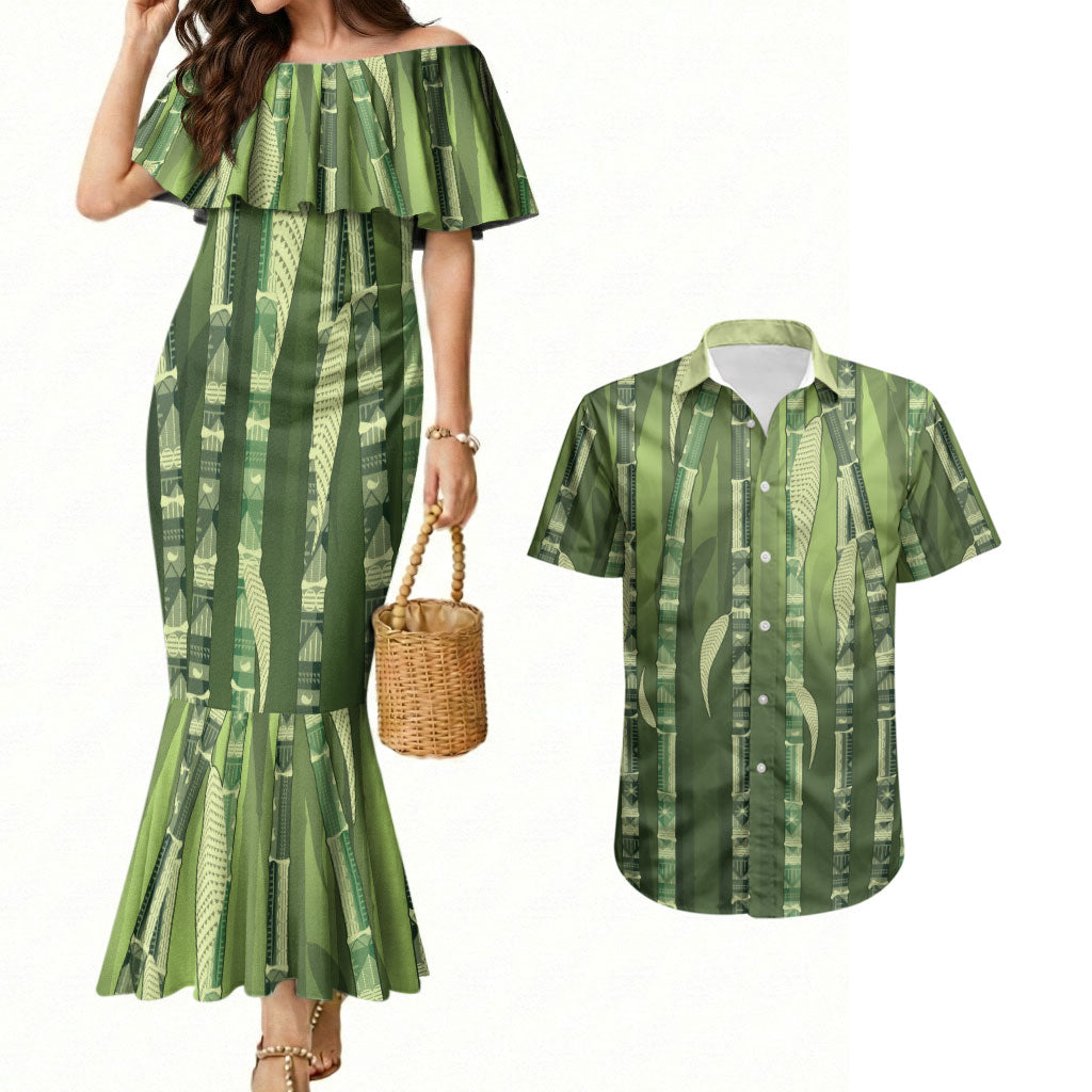 Personalised Fiji Language Week Sugarcane Masi Couples Matching Mermaid Dress and Hawaiian Shirt Green Tapa Tribal Pattern DT05 Green - Polynesian Pride