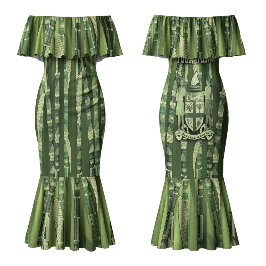Personalised Fiji Language Week Sugarcane Masi Couples Matching Mermaid Dress and Hawaiian Shirt Green Tapa Tribal Pattern