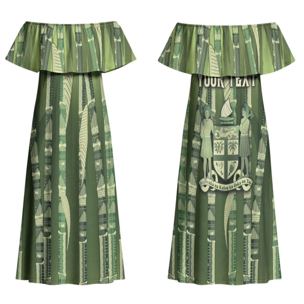 Personalised Fiji Language Week Sugarcane Masi Couples Matching Off Shoulder Maxi Dress and Long Sleeve Button Shirt Green Tapa Tribal Pattern