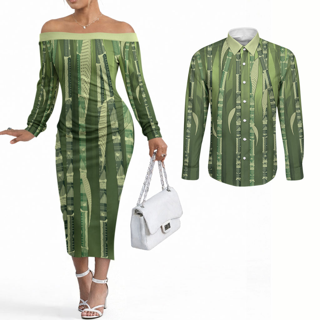 Personalised Fiji Language Week Sugarcane Masi Couples Matching Off The Shoulder Long Sleeve Dress and Long Sleeve Button Shirt Green Tapa Tribal Pattern