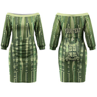 Personalised Fiji Language Week Sugarcane Masi Couples Matching Off The Shoulder Long Sleeve Dress and Long Sleeve Button Shirt Green Tapa Tribal Pattern