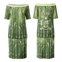 Personalised Fiji Language Week Sugarcane Masi Couples Matching Puletasi and Long Sleeve Button Shirt Green Tapa Tribal Pattern