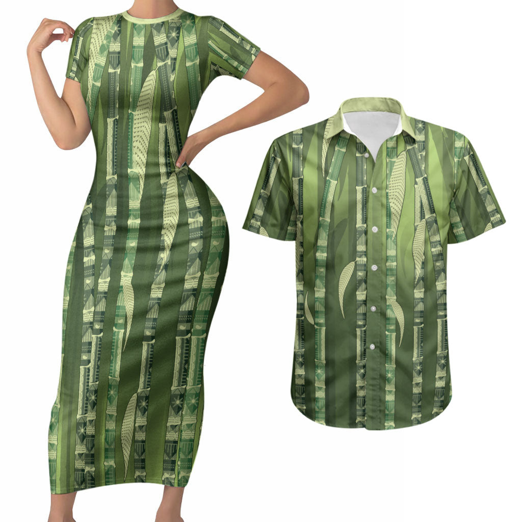 Personalised Fiji Language Week Sugarcane Masi Couples Matching Short Sleeve Bodycon Dress and Hawaiian Shirt Green Tapa Tribal Pattern