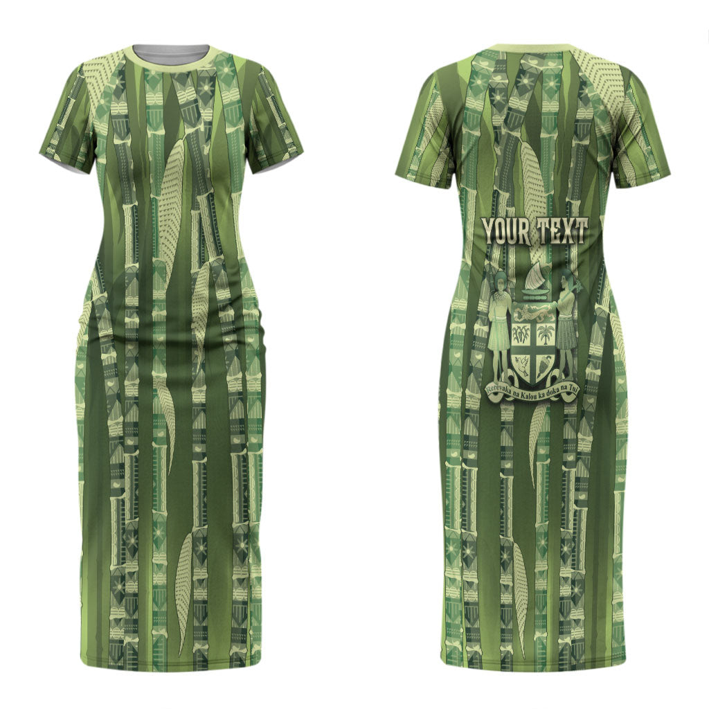 Personalised Fiji Language Week Sugarcane Masi Couples Matching Short Sleeve Bodycon Dress and Hawaiian Shirt Green Tapa Tribal Pattern