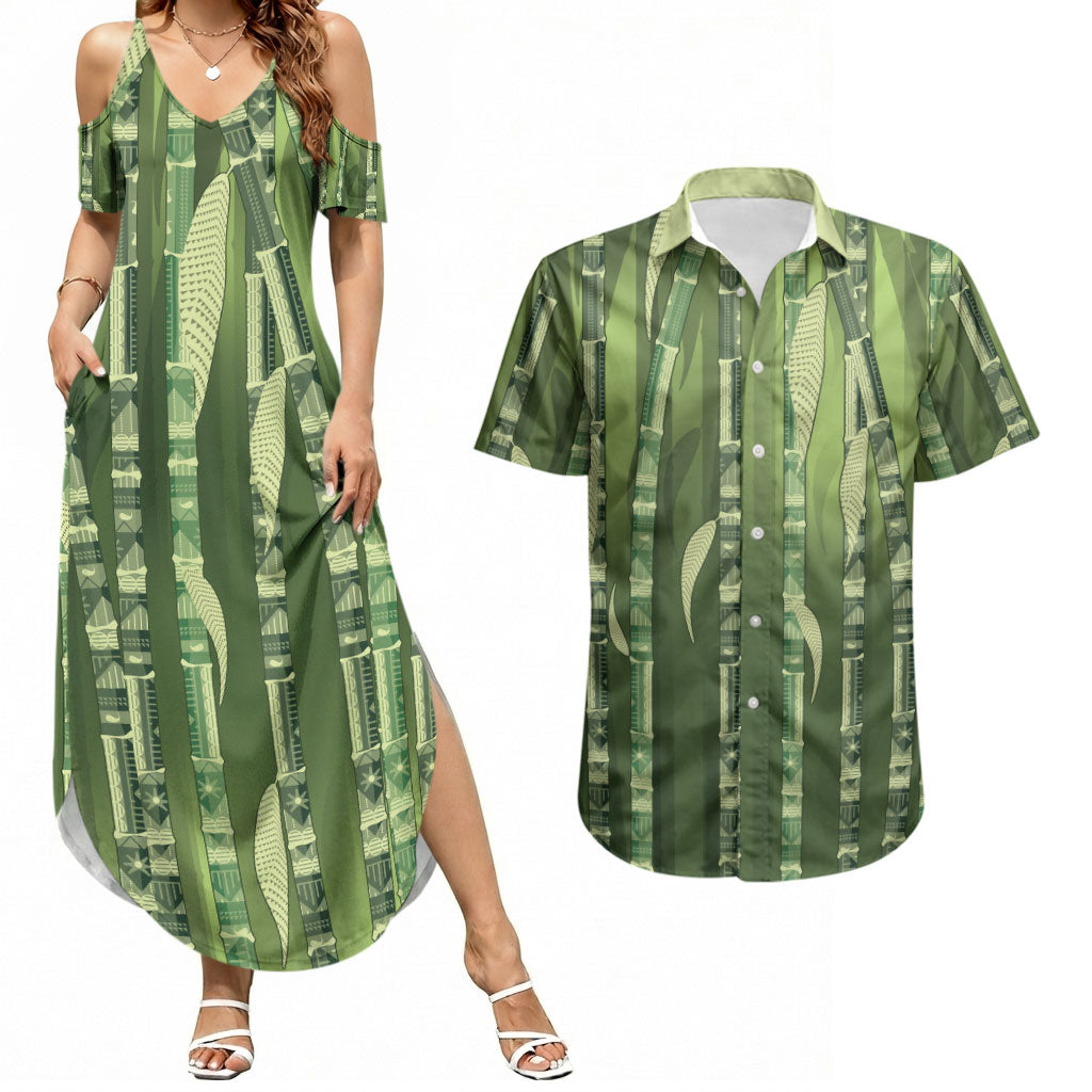 Personalised Fiji Language Week Sugarcane Masi Couples Matching Summer Maxi Dress and Hawaiian Shirt Green Tapa Tribal Pattern
