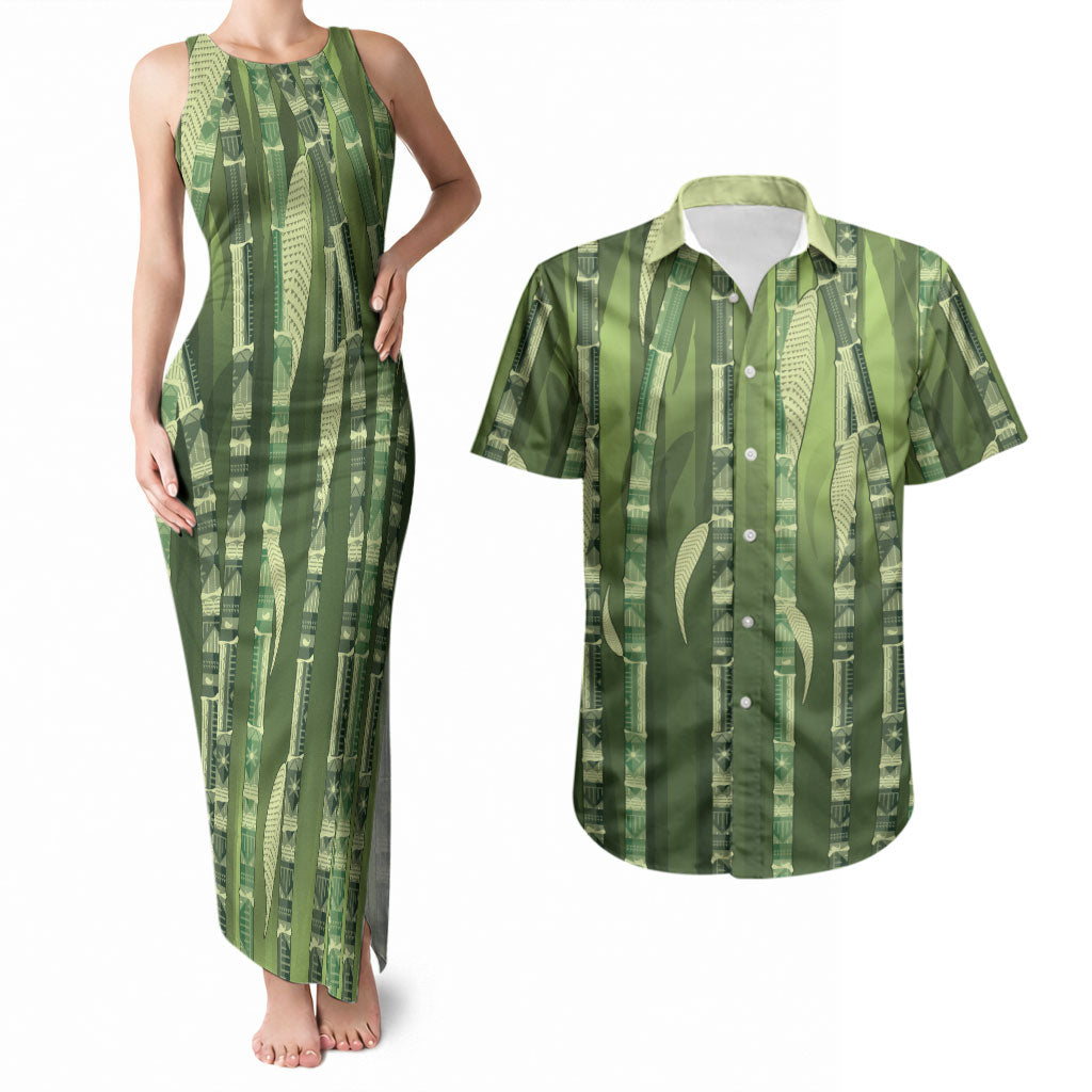 Personalised Fiji Language Week Sugarcane Masi Couples Matching Tank Maxi Dress and Hawaiian Shirt Green Tapa Tribal Pattern