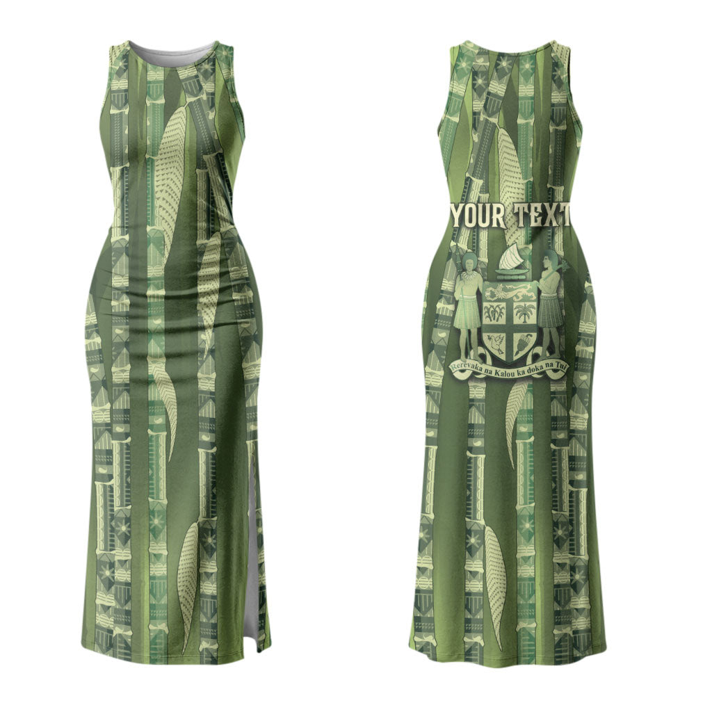 Personalised Fiji Language Week Sugarcane Masi Couples Matching Tank Maxi Dress and Hawaiian Shirt Green Tapa Tribal Pattern