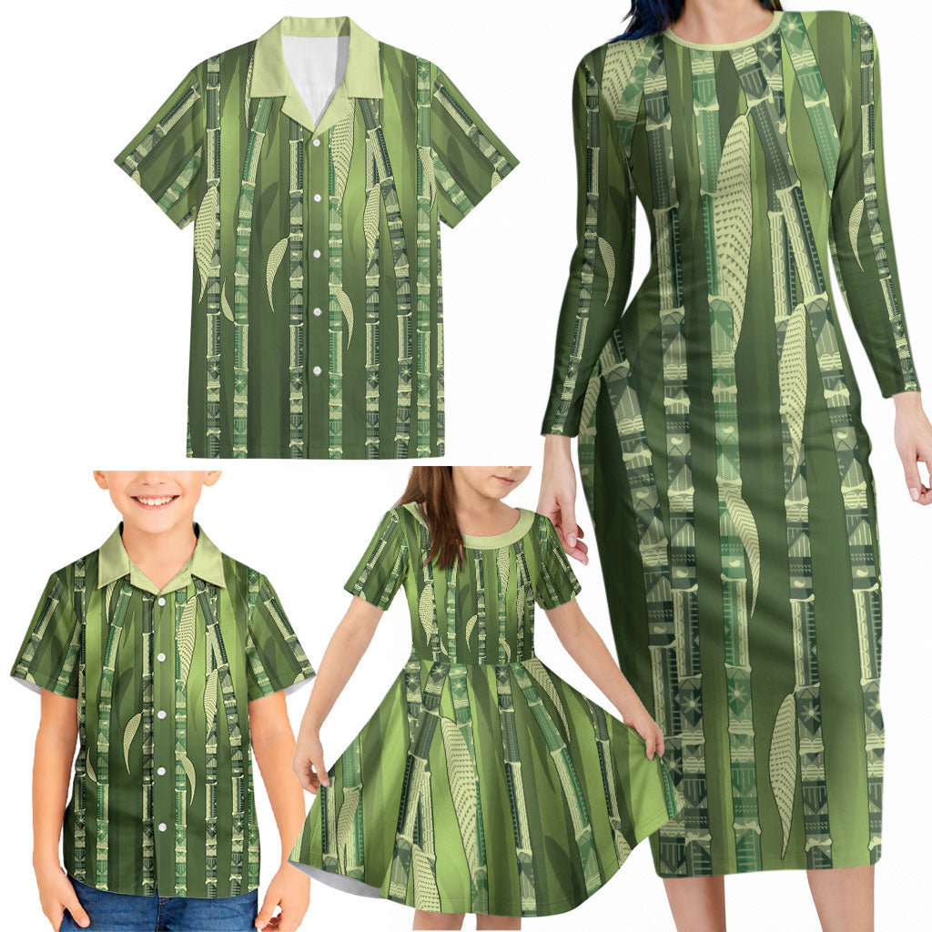 Personalised Fiji Language Week Sugarcane Masi Family Matching Long Sleeve Bodycon Dress and Hawaiian Shirt Green Tapa Tribal Pattern