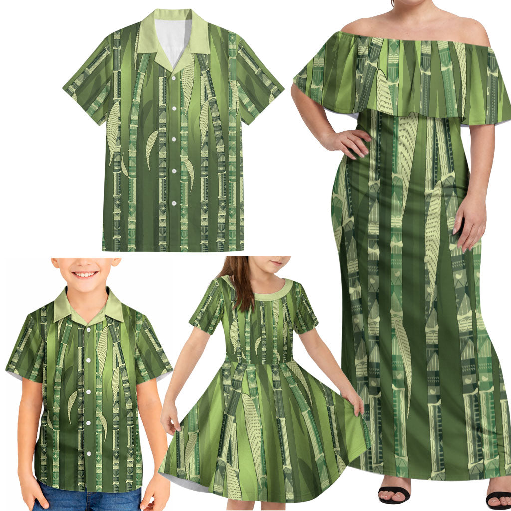 Personalised Fiji Language Week Sugarcane Masi Family Matching Off Shoulder Maxi Dress and Hawaiian Shirt Green Tapa Tribal Pattern