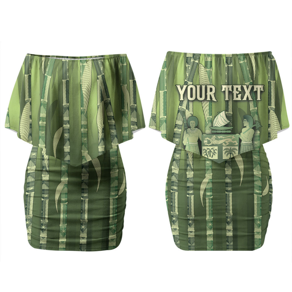 Personalised Fiji Language Week Sugarcane Masi Family Matching Off Shoulder Short Dress and Hawaiian Shirt Green Tapa Tribal Pattern