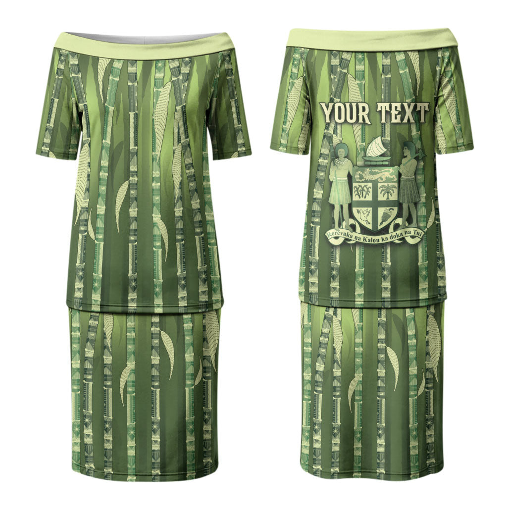 Personalised Fiji Language Week Sugarcane Masi Family Matching Puletasi and Hawaiian Shirt Green Tapa Tribal Pattern