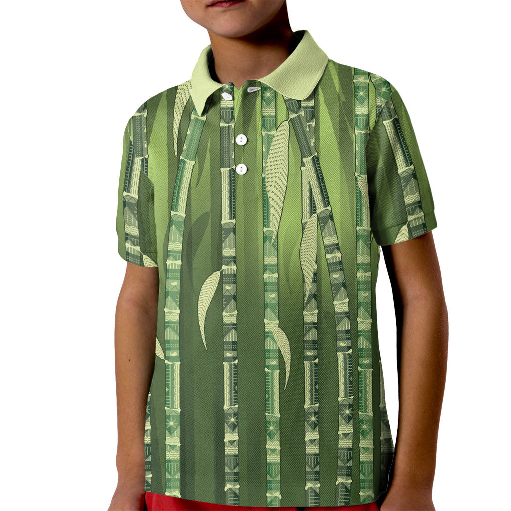 Personalised Fiji Language Week Sugarcane Masi Kid Polo Shirt Green Tapa Tribal Pattern