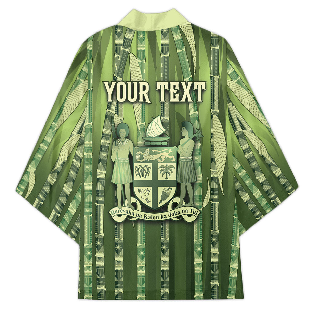 Personalised Fiji Language Week Sugarcane Masi Kimono Green Tapa Tribal Pattern
