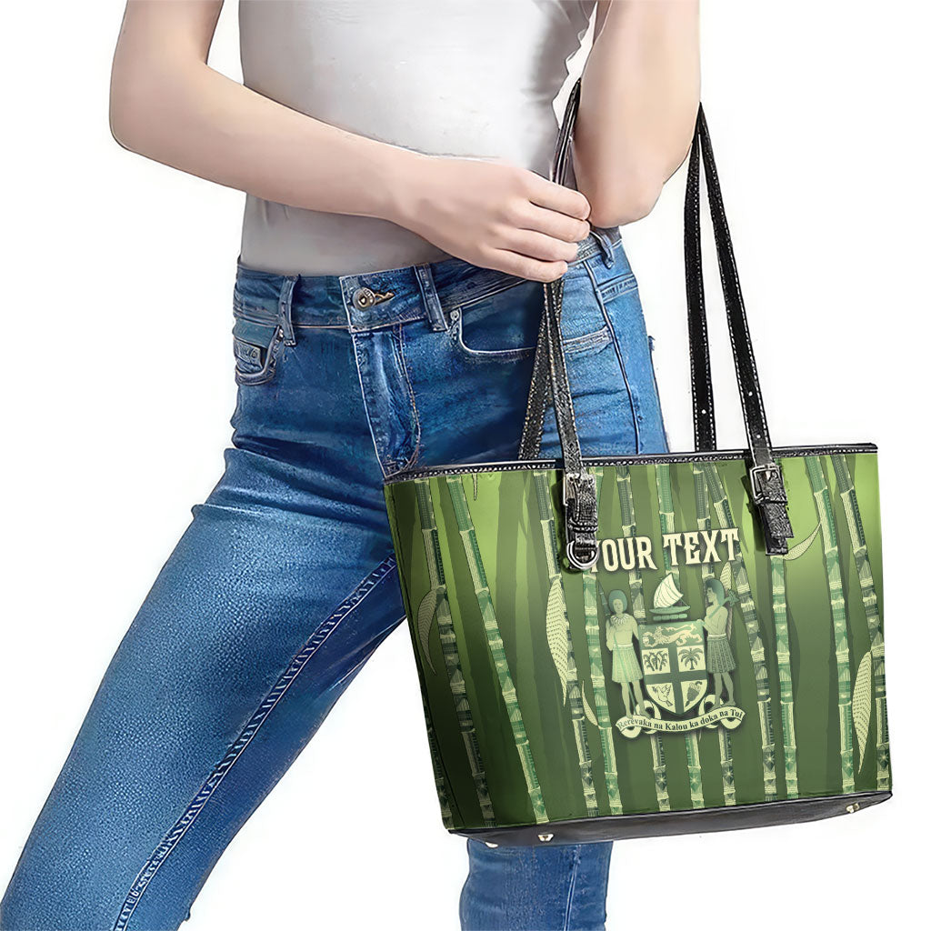 Personalised Fiji Language Week Sugarcane Masi Leather Tote Bag Green Tapa Tribal Pattern