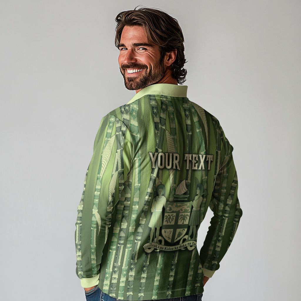Personalised Fiji Language Week Sugarcane Masi Long Sleeve Polo Shirt Green Tapa Tribal Pattern