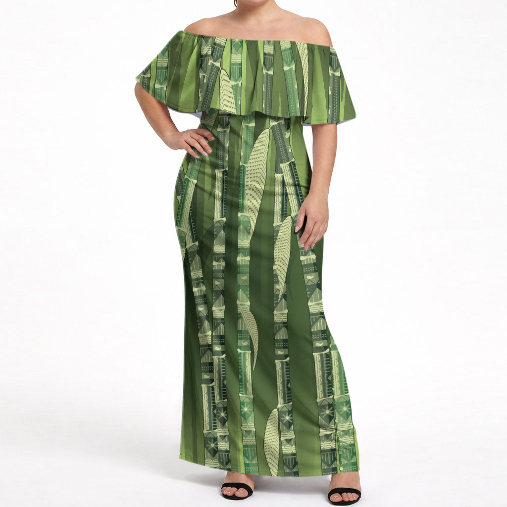 Personalised Fiji Language Week Sugarcane Masi Off Shoulder Maxi Dress Green Tapa Tribal Pattern