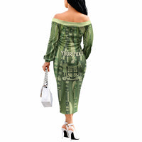 Personalised Fiji Language Week Sugarcane Masi Off The Shoulder Long Sleeve Dress Green Tapa Tribal Pattern