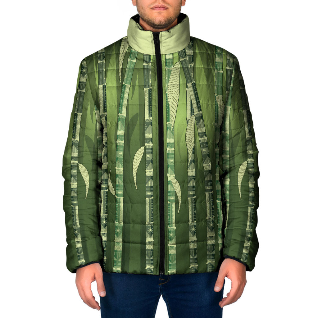 Personalised Fiji Language Week Sugarcane Masi Padded Jacket Green Tapa Tribal Pattern