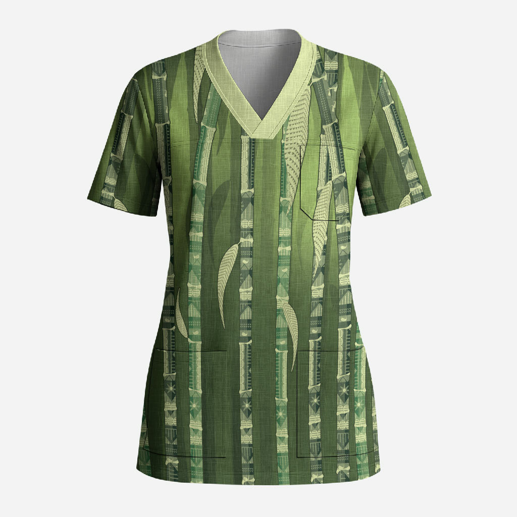 Personalised Fiji Language Week Sugarcane Masi Scrub Top Green Tapa Tribal Pattern