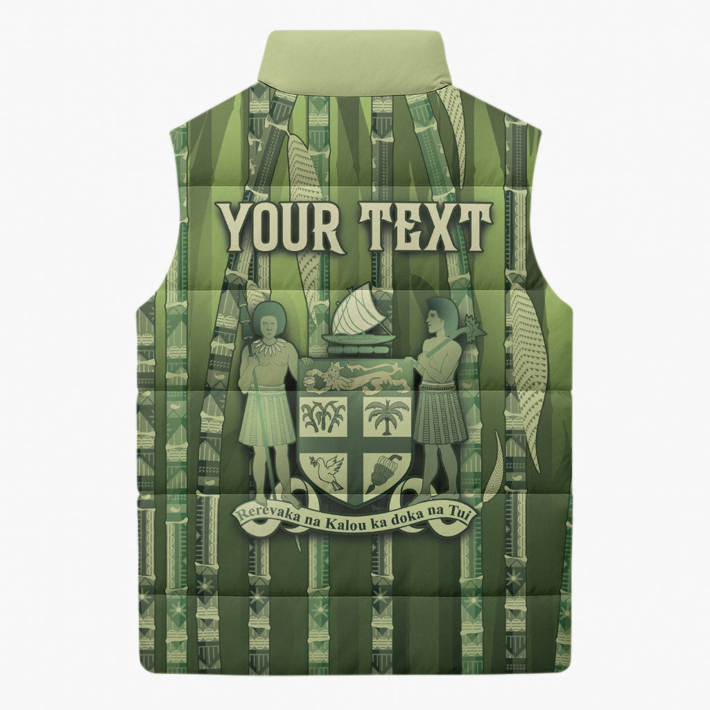 Personalised Fiji Language Week Sugarcane Masi Sleeveless Puffer Jacket Green Tapa Tribal Pattern