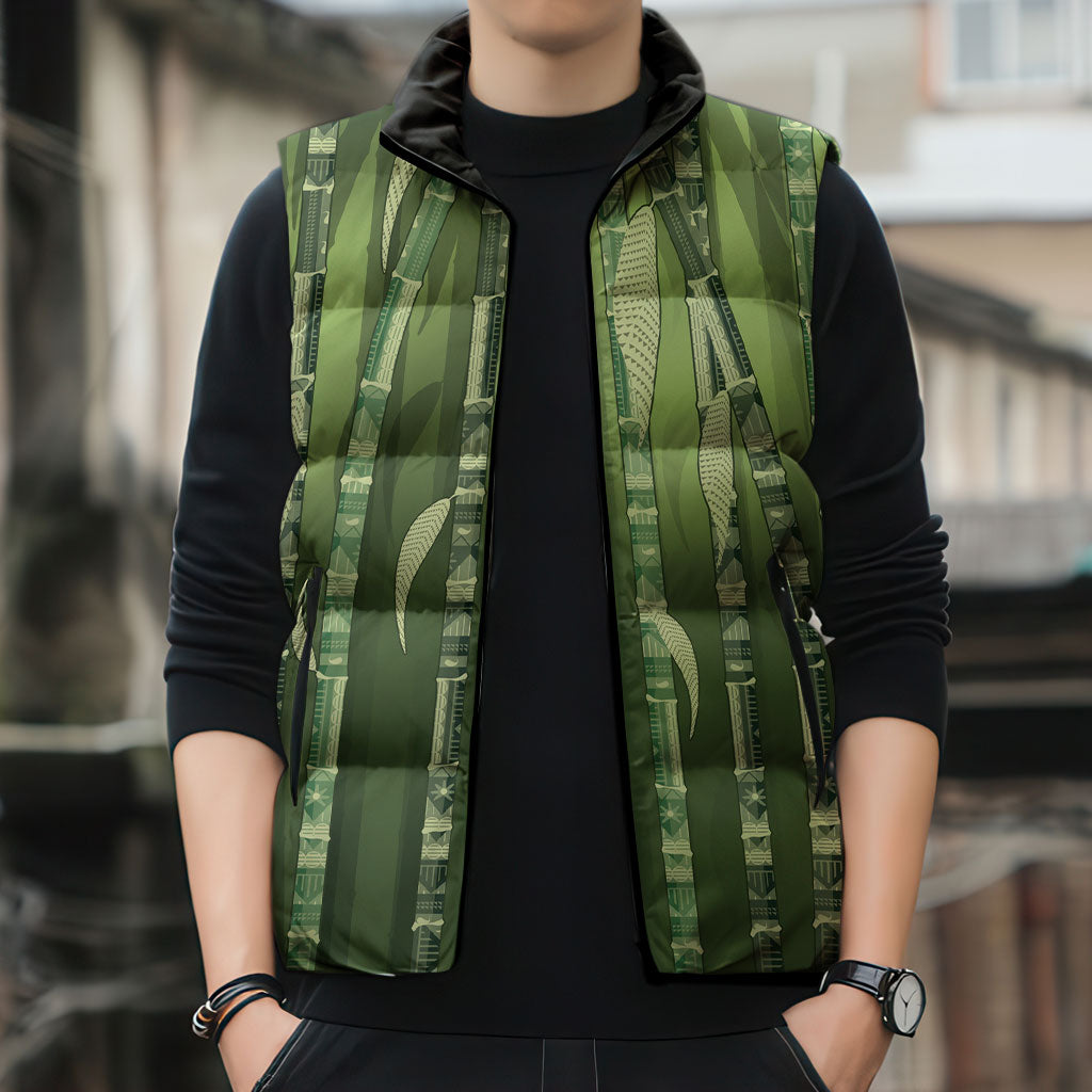Personalised Fiji Language Week Sugarcane Masi Sleeveless Puffer Jacket Green Tapa Tribal Pattern