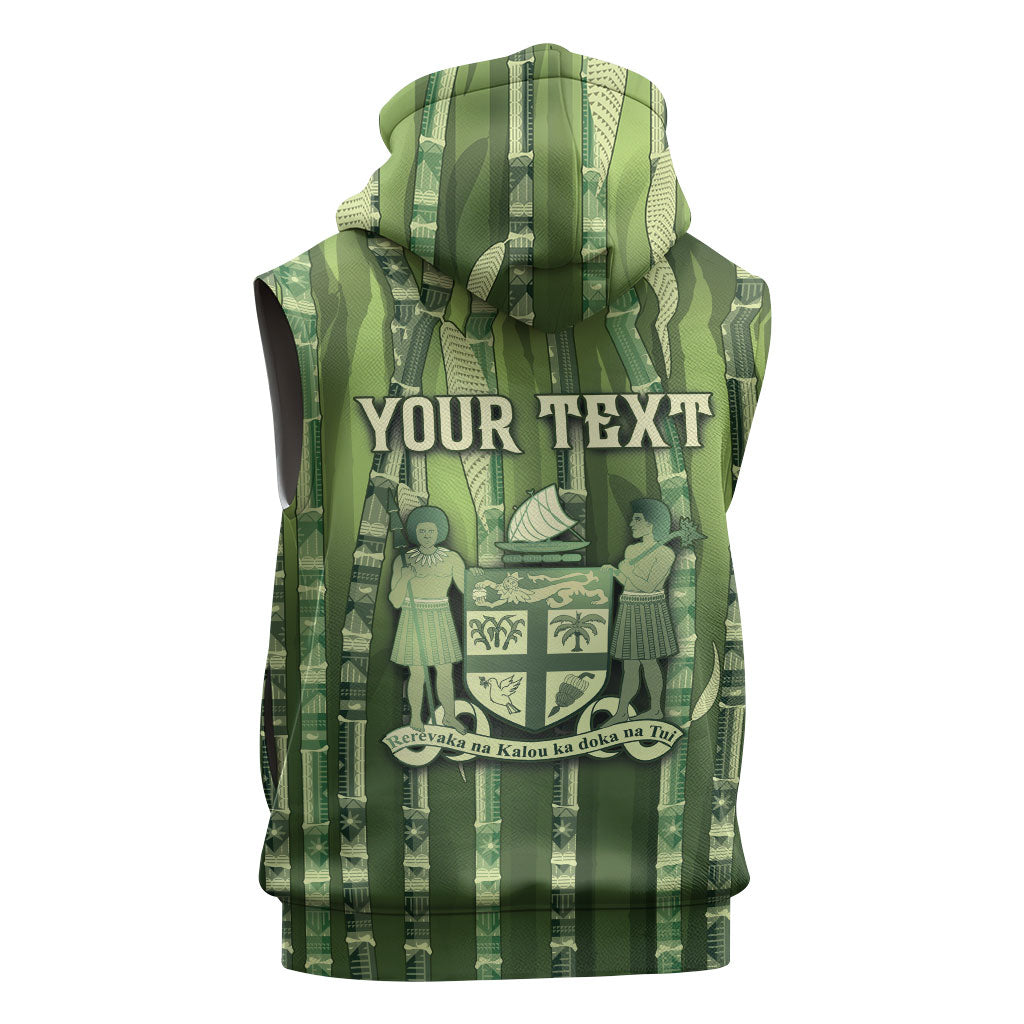 Personalised Fiji Language Week Sugarcane Masi Sleeveless Zip Hoodie Green Tapa Tribal Pattern