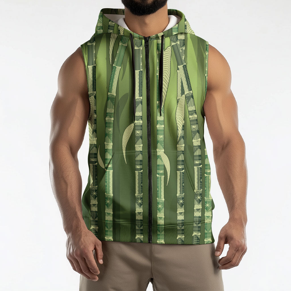 Personalised Fiji Language Week Sugarcane Masi Sleeveless Zip Hoodie Green Tapa Tribal Pattern