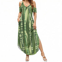 Personalised Fiji Language Week Sugarcane Masi Summer Maxi Dress Green Tapa Tribal Pattern