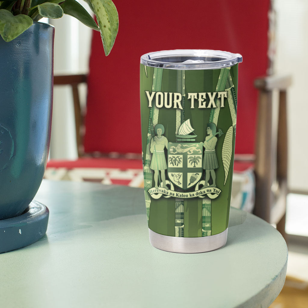 Personalised Fiji Language Week Sugarcane Masi Tumbler Cup Green Tapa Tribal Pattern