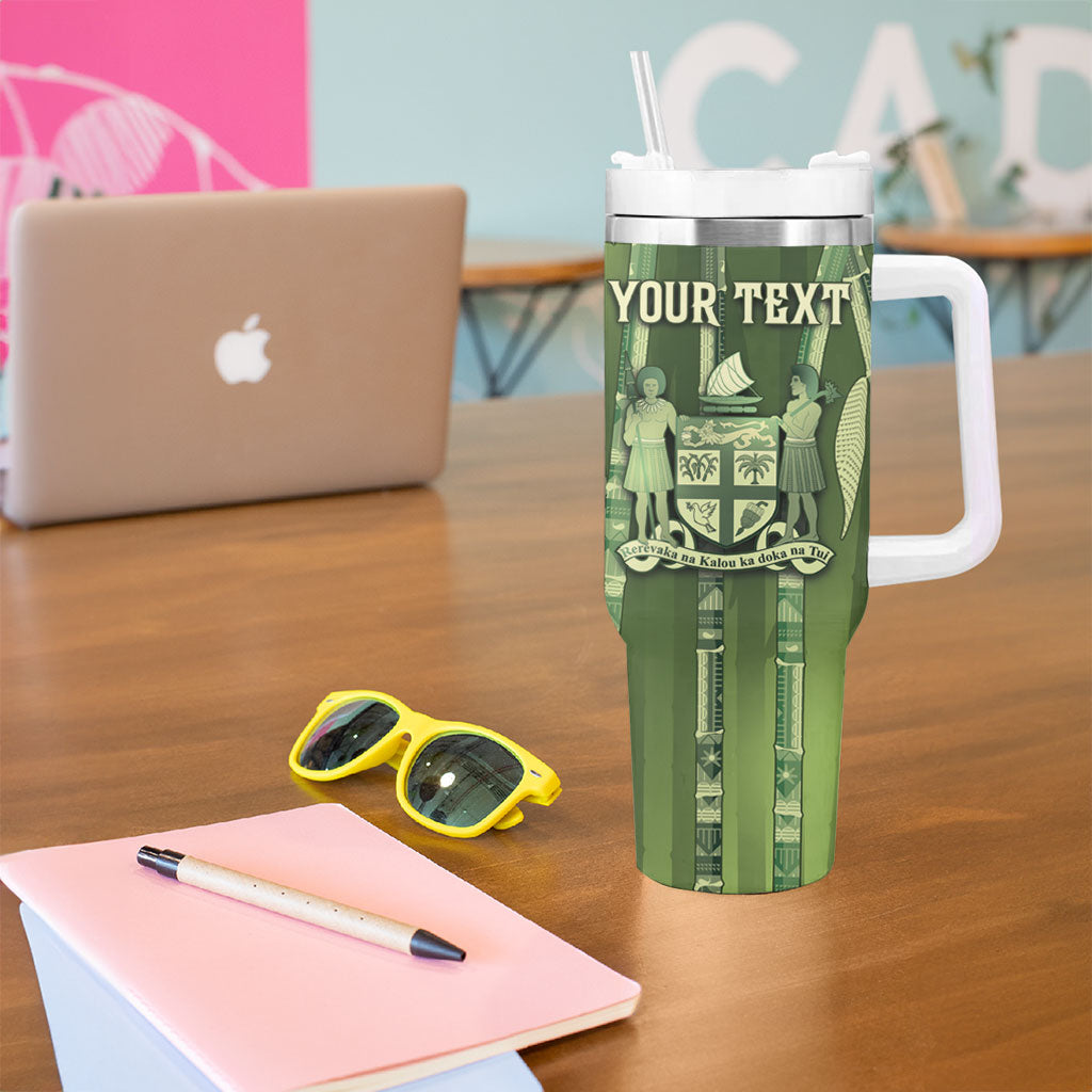 Personalised Fiji Language Week Sugarcane Masi Tumbler With Handle Green Tapa Tribal Pattern