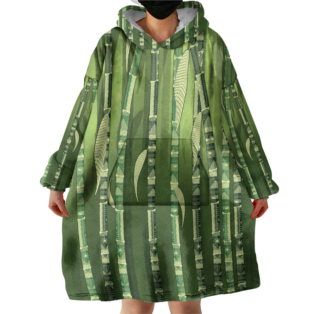 Personalised Fiji Language Week Sugarcane Masi Wearable Blanket Hoodie Green Tapa Tribal Pattern