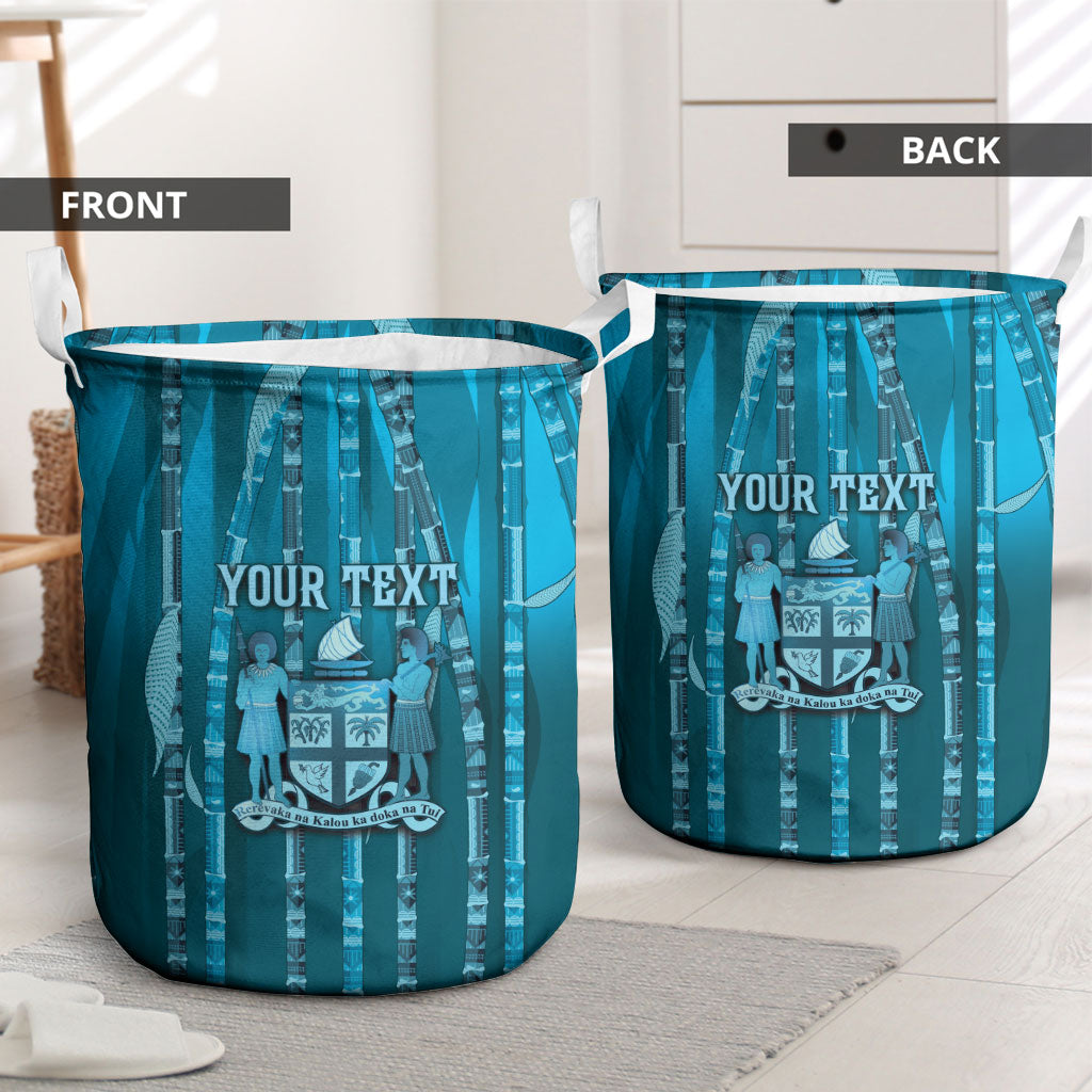 Personalised Fiji Language Week Sugarcane Masi Laundry Basket Blue Tapa Tribal Pattern