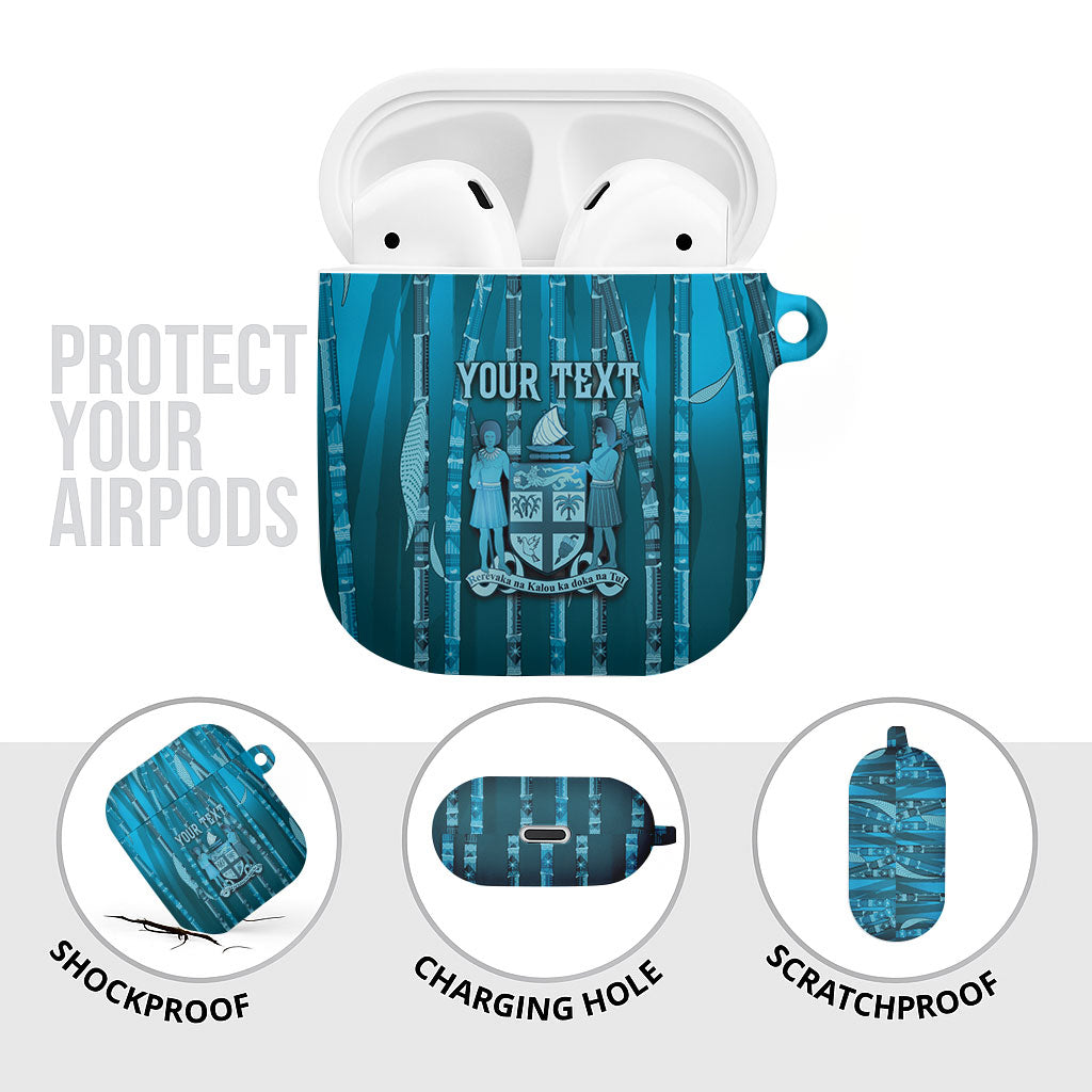 Personalised Fiji Language Week Sugarcane Masi AirPods Case Blue Tapa Tribal Pattern