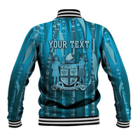 Personalised Fiji Language Week Sugarcane Masi Baseball Jacket Blue Tapa Tribal Pattern