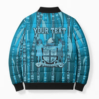 Personalised Fiji Language Week Sugarcane Masi Bomber Puffer Jacket Blue Tapa Tribal Pattern