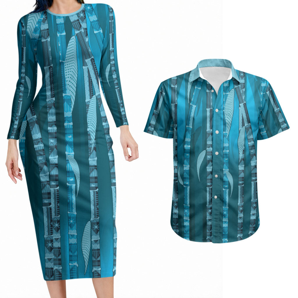 Personalised Fiji Language Week Sugarcane Masi Couples Matching Long Sleeve Bodycon Dress and Hawaiian Shirt Blue Tapa Tribal Pattern DT05 Blue - Polynesian Pride