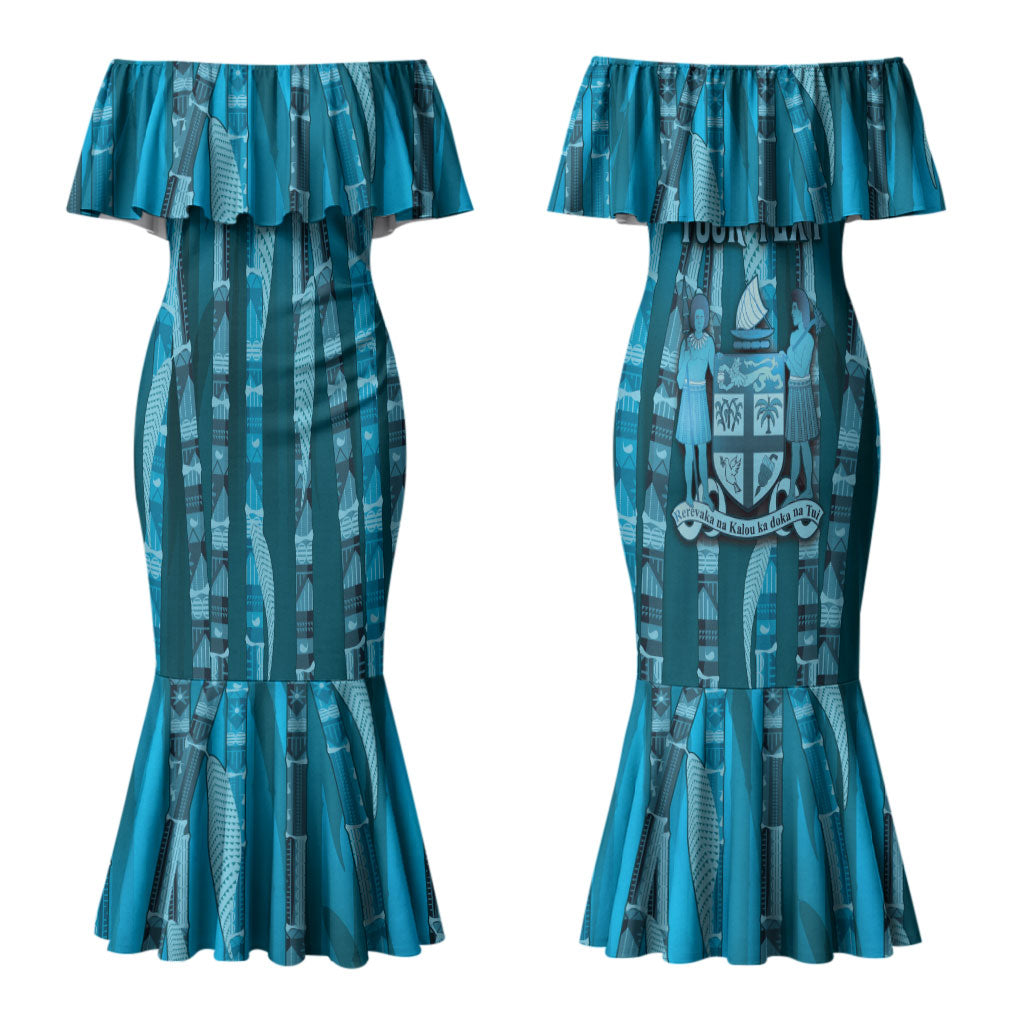 Personalised Fiji Language Week Sugarcane Masi Couples Matching Mermaid Dress and Hawaiian Shirt Blue Tapa Tribal Pattern