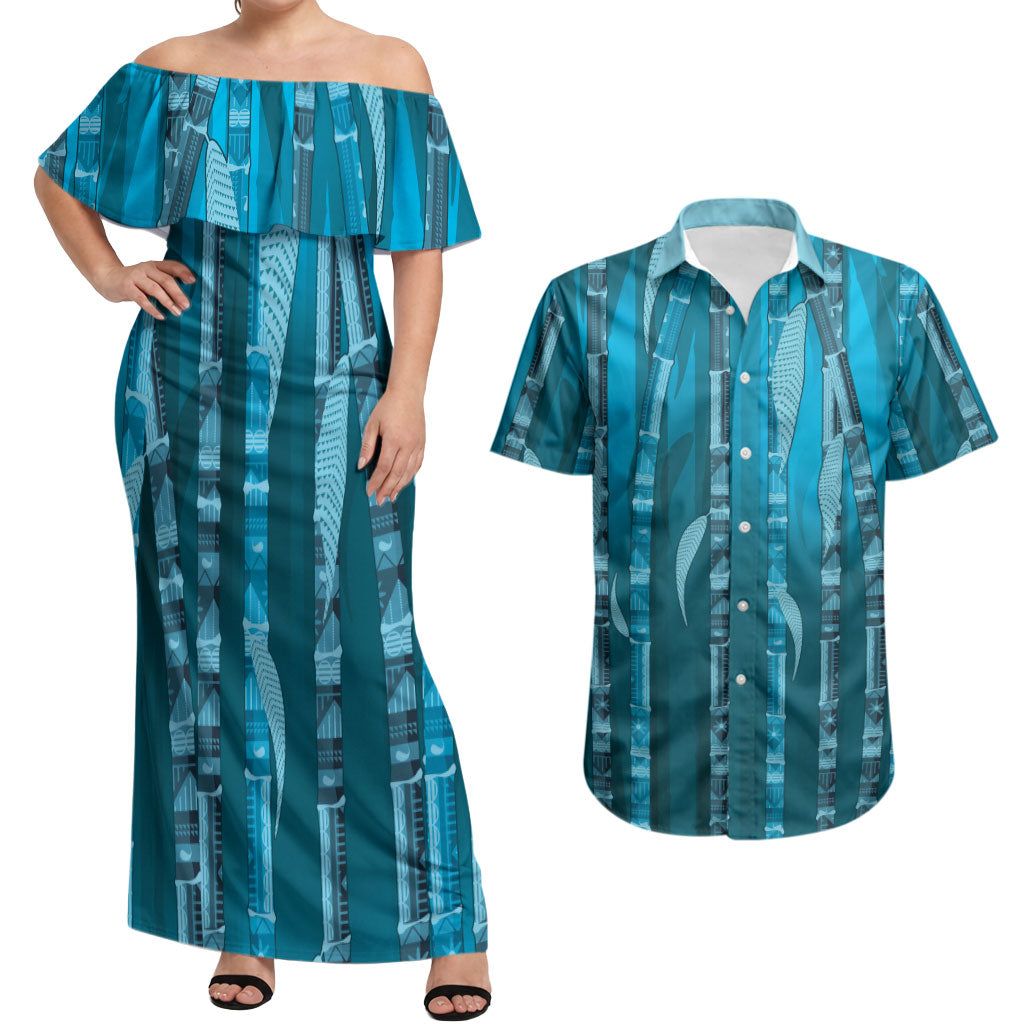 Personalised Fiji Language Week Sugarcane Masi Couples Matching Off Shoulder Maxi Dress and Hawaiian Shirt Blue Tapa Tribal Pattern