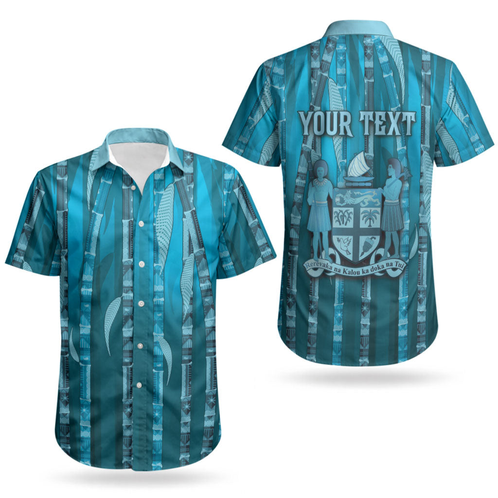 Personalised Fiji Language Week Sugarcane Masi Couples Matching Off Shoulder Maxi Dress and Hawaiian Shirt Blue Tapa Tribal Pattern
