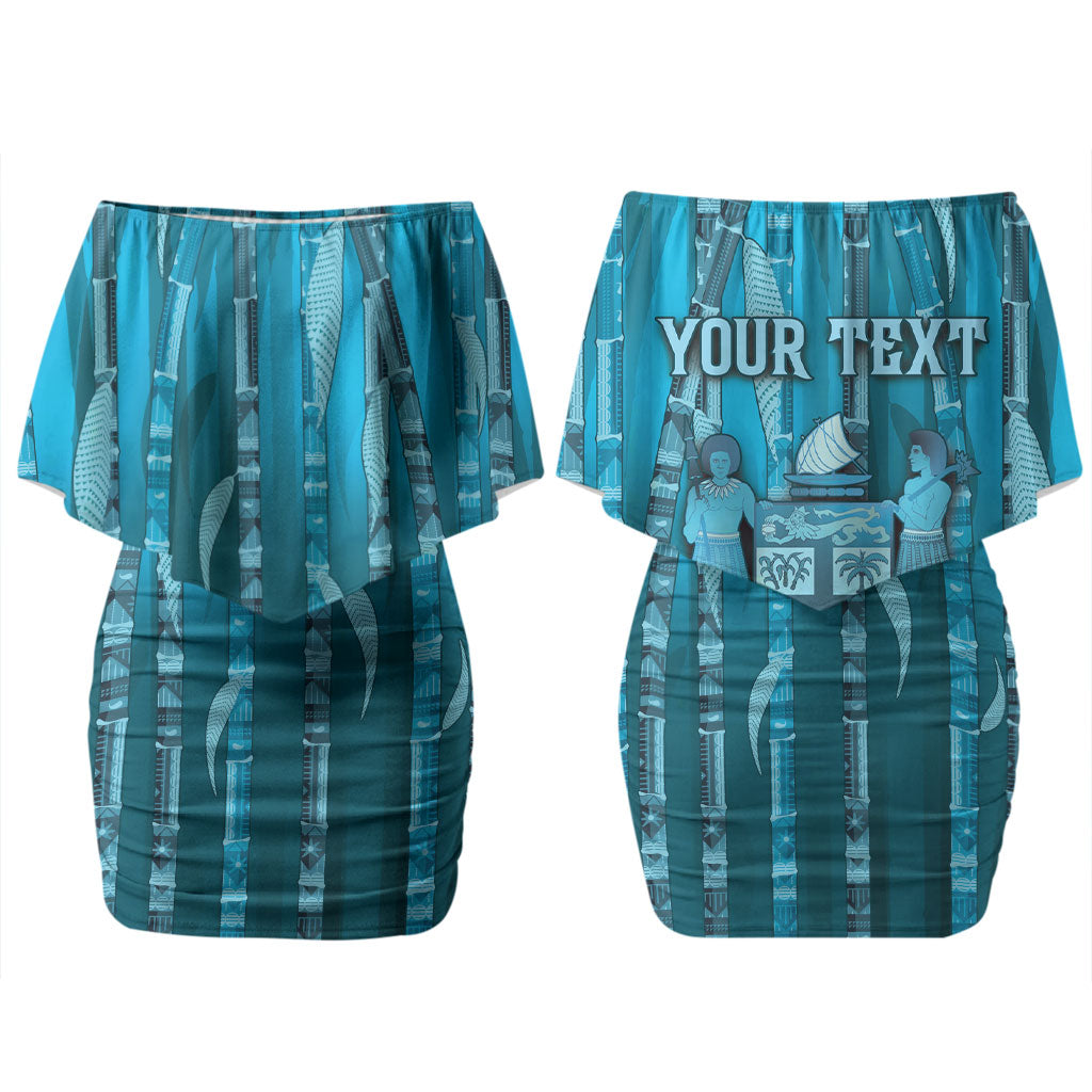 Personalised Fiji Language Week Sugarcane Masi Couples Matching Off Shoulder Short Dress and Hawaiian Shirt Blue Tapa Tribal Pattern