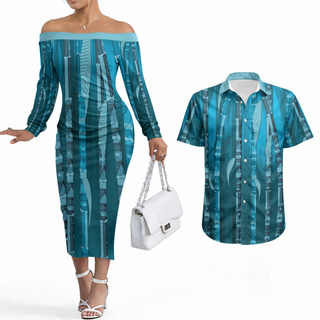 Personalised Fiji Language Week Sugarcane Masi Couples Matching Off The Shoulder Long Sleeve Dress and Hawaiian Shirt Blue Tapa Tribal Pattern DT05 Blue - Polynesian Pride