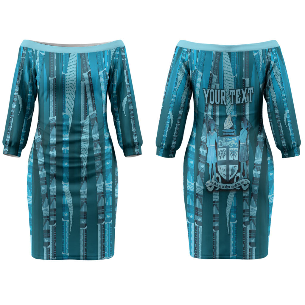 Personalised Fiji Language Week Sugarcane Masi Couples Matching Off The Shoulder Long Sleeve Dress and Long Sleeve Button Shirt Blue Tapa Tribal Pattern