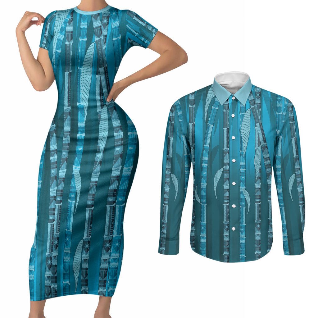 Personalised Fiji Language Week Sugarcane Masi Couples Matching Short Sleeve Bodycon Dress and Long Sleeve Button Shirt Blue Tapa Tribal Pattern