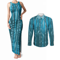Personalised Fiji Language Week Sugarcane Masi Couples Matching Tank Maxi Dress and Long Sleeve Button Shirt Blue Tapa Tribal Pattern