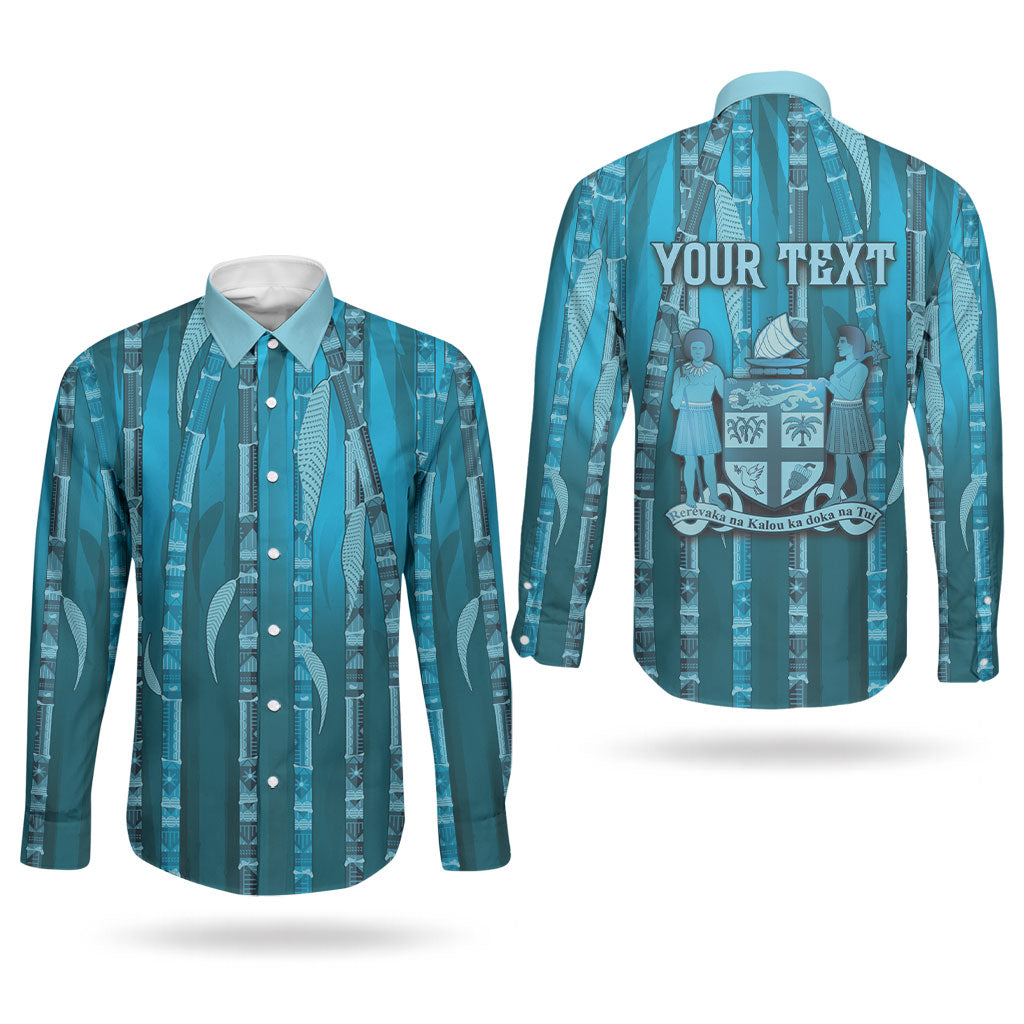 Personalised Fiji Language Week Sugarcane Masi Couples Matching Tank Maxi Dress and Long Sleeve Button Shirt Blue Tapa Tribal Pattern