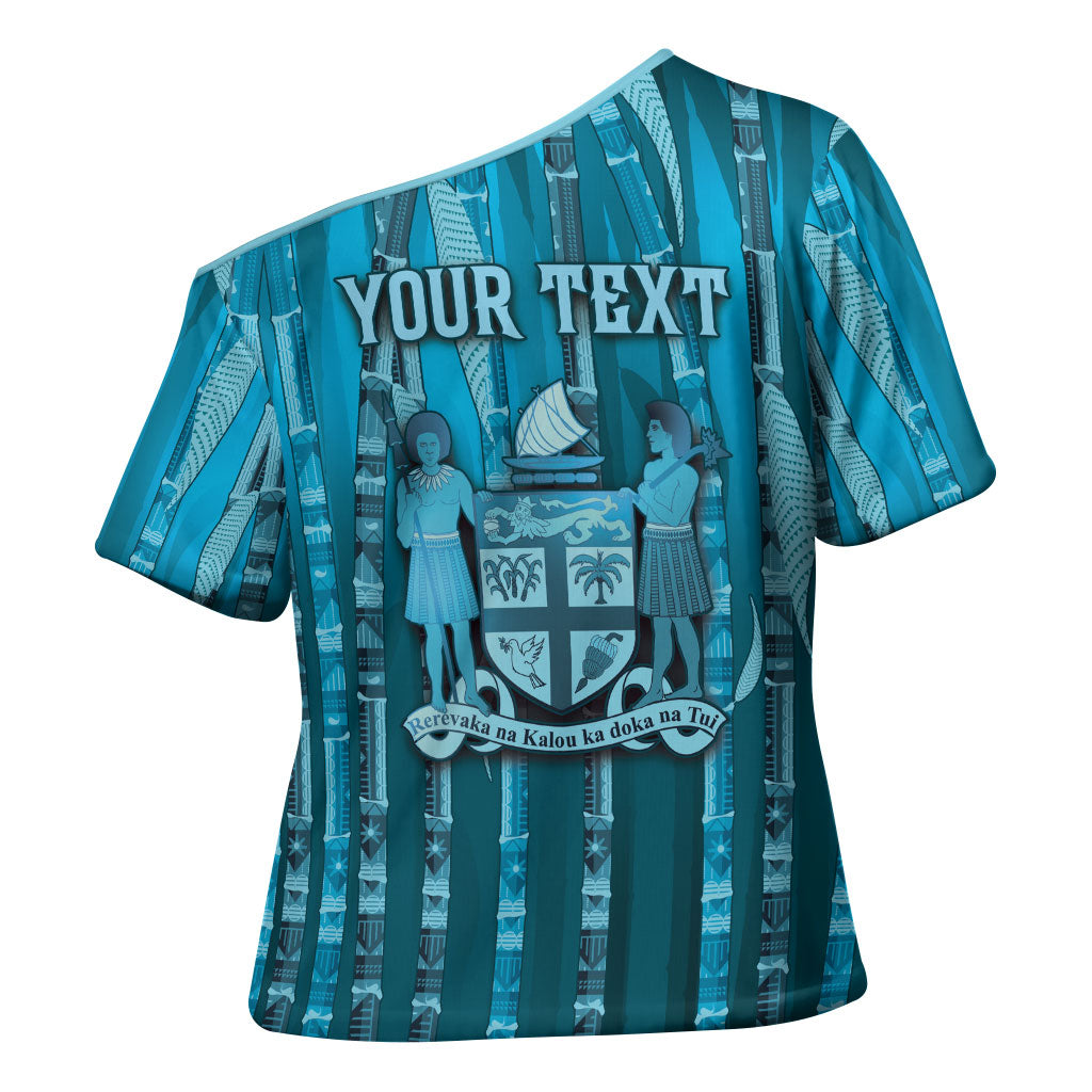 Personalised Fiji Language Week Sugarcane Masi Cross Shoulder Shirt Blue Tapa Tribal Pattern