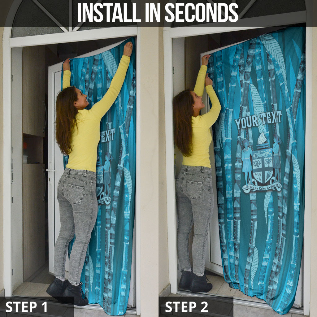 Personalised Fiji Language Week Sugarcane Masi Door Cover Blue Tapa Tribal Pattern