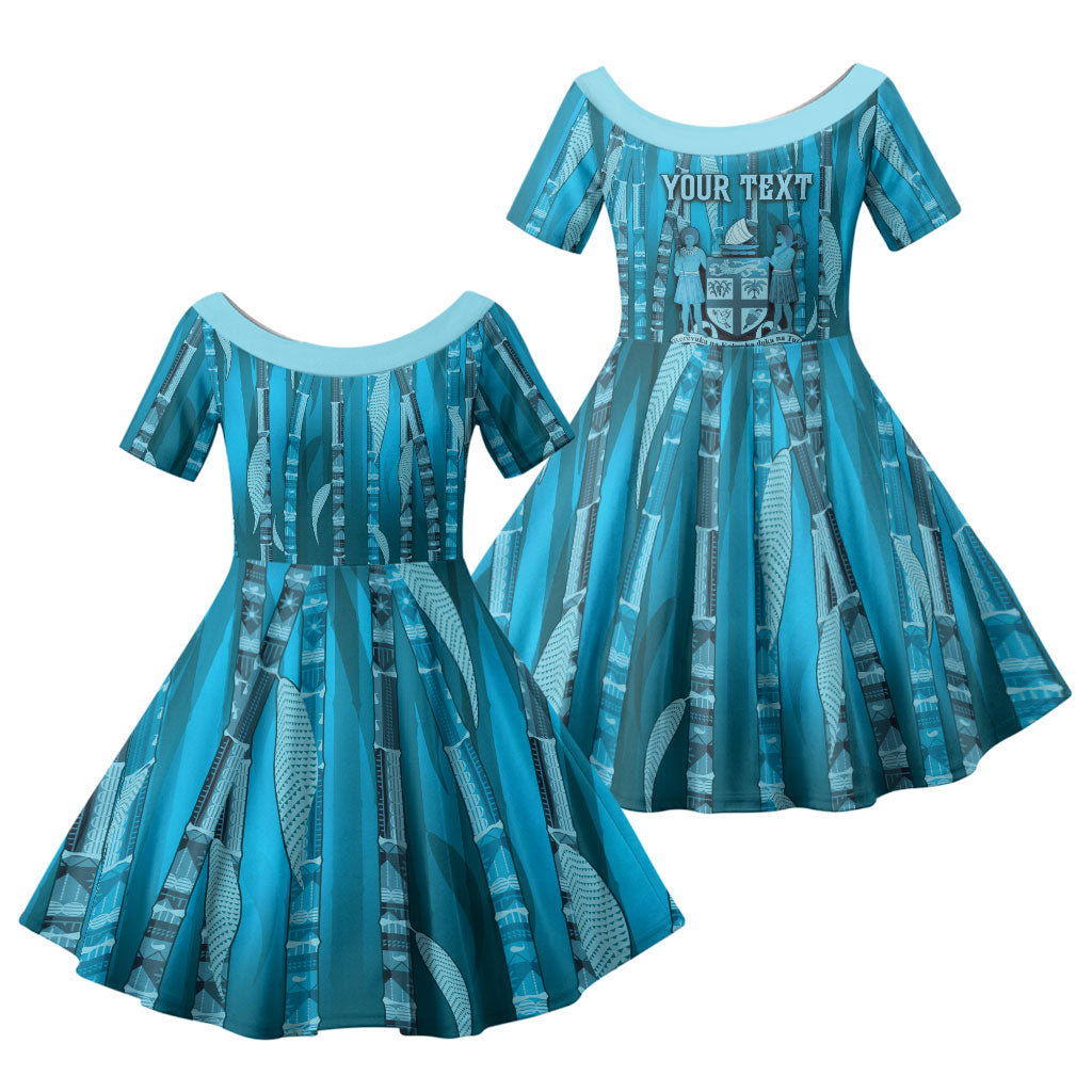 Personalised Fiji Language Week Sugarcane Masi Family Matching Long Sleeve Bodycon Dress and Hawaiian Shirt Blue Tapa Tribal Pattern